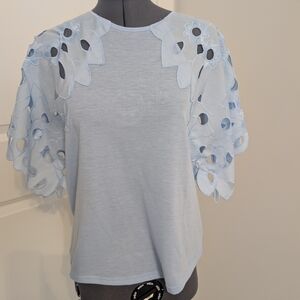 Elegant Light Blue Floral Sleeve Blouse